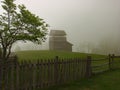 Lookout Tower, Tree, Snake Rail Fence, Picketed Fence, Stack Rail Fence and Fog